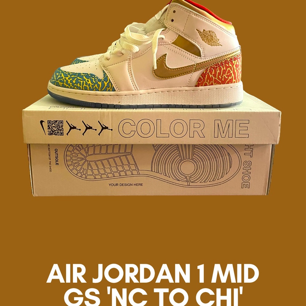 Air Jordan 1 Mid GS 'NC to Chi' Red Blue GOLD METALLIC RARE Js 7Y Boys 8 Womens